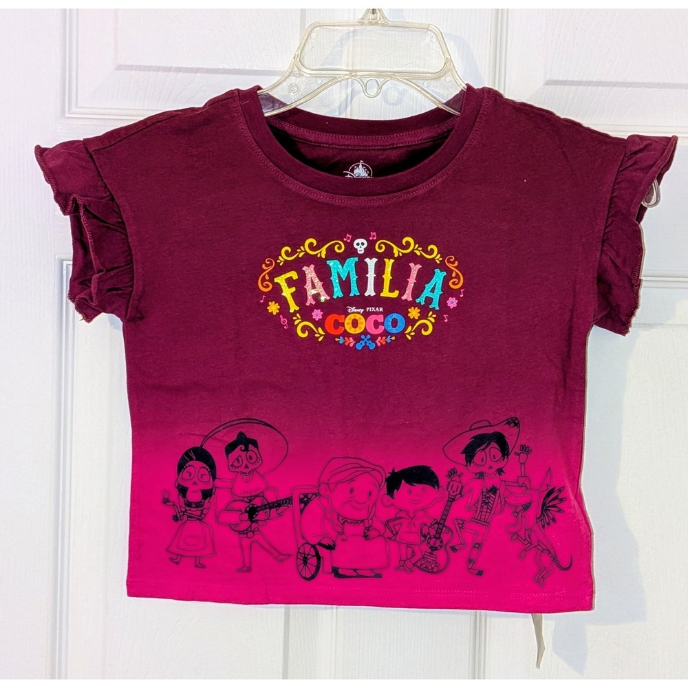 Disney Coco Familia Ruffle Sleeve Graphic Tee‎ Shirt Burgundy XS NWOT